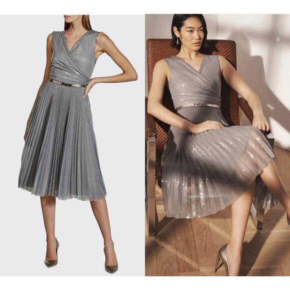 Ralph Lauren Collection Embellished Fit Flare Pleated Sequin Midi Dress 10 $6K - Picture 1 of 9